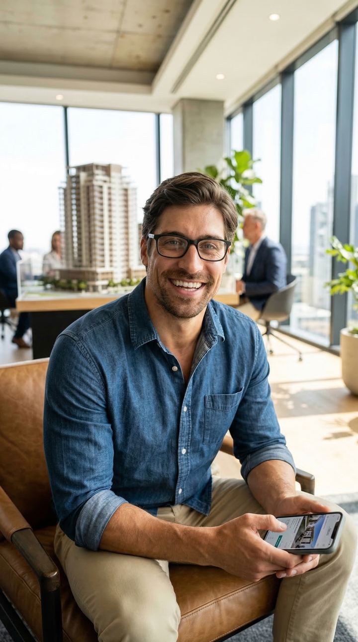 Corretor sorrindo com o celular na mão, num escritório com a maquete de um prédio ao fundo